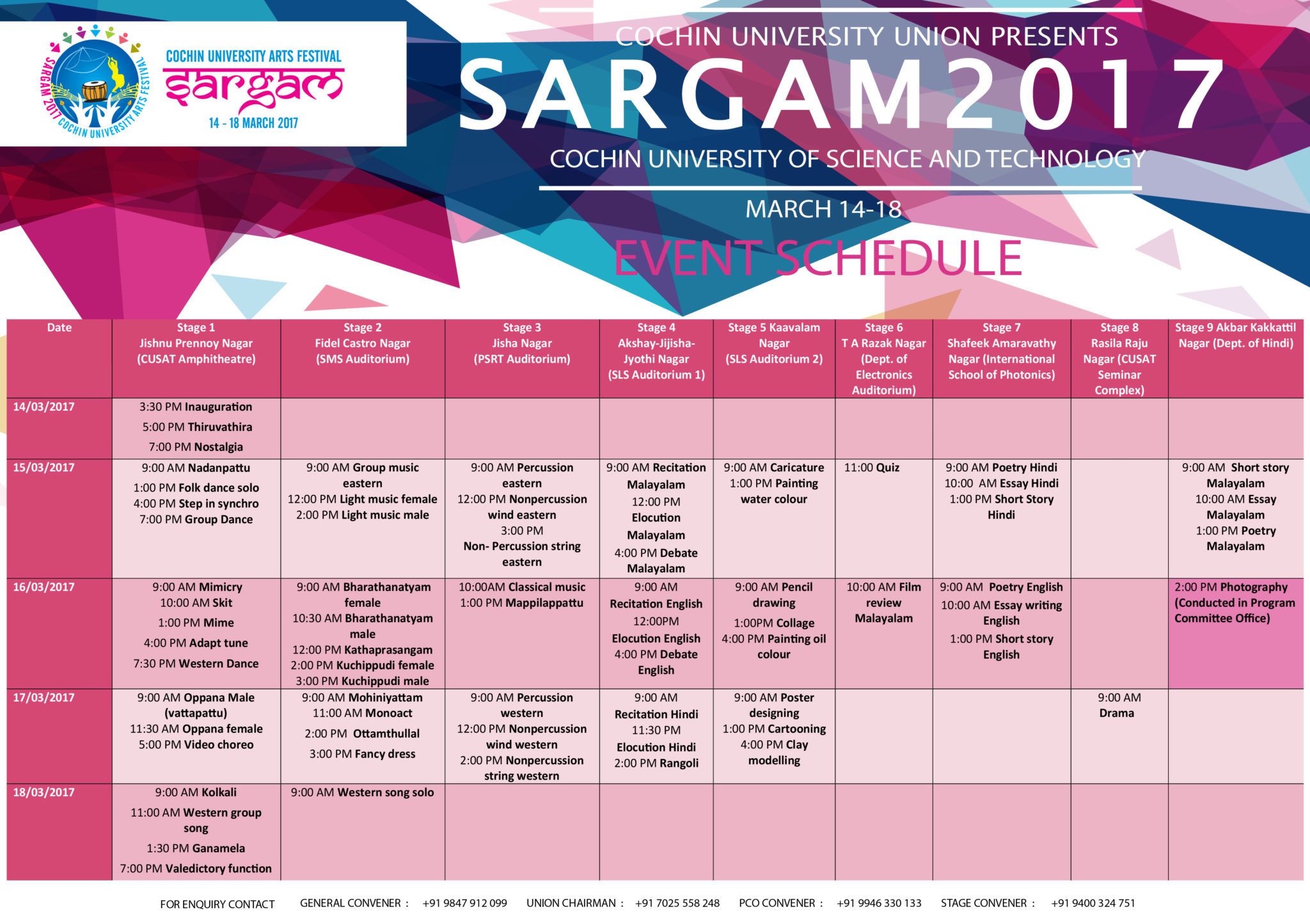 Schedules for Sargam 2017